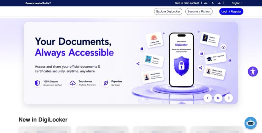 Screenshot of the DigiLocker website